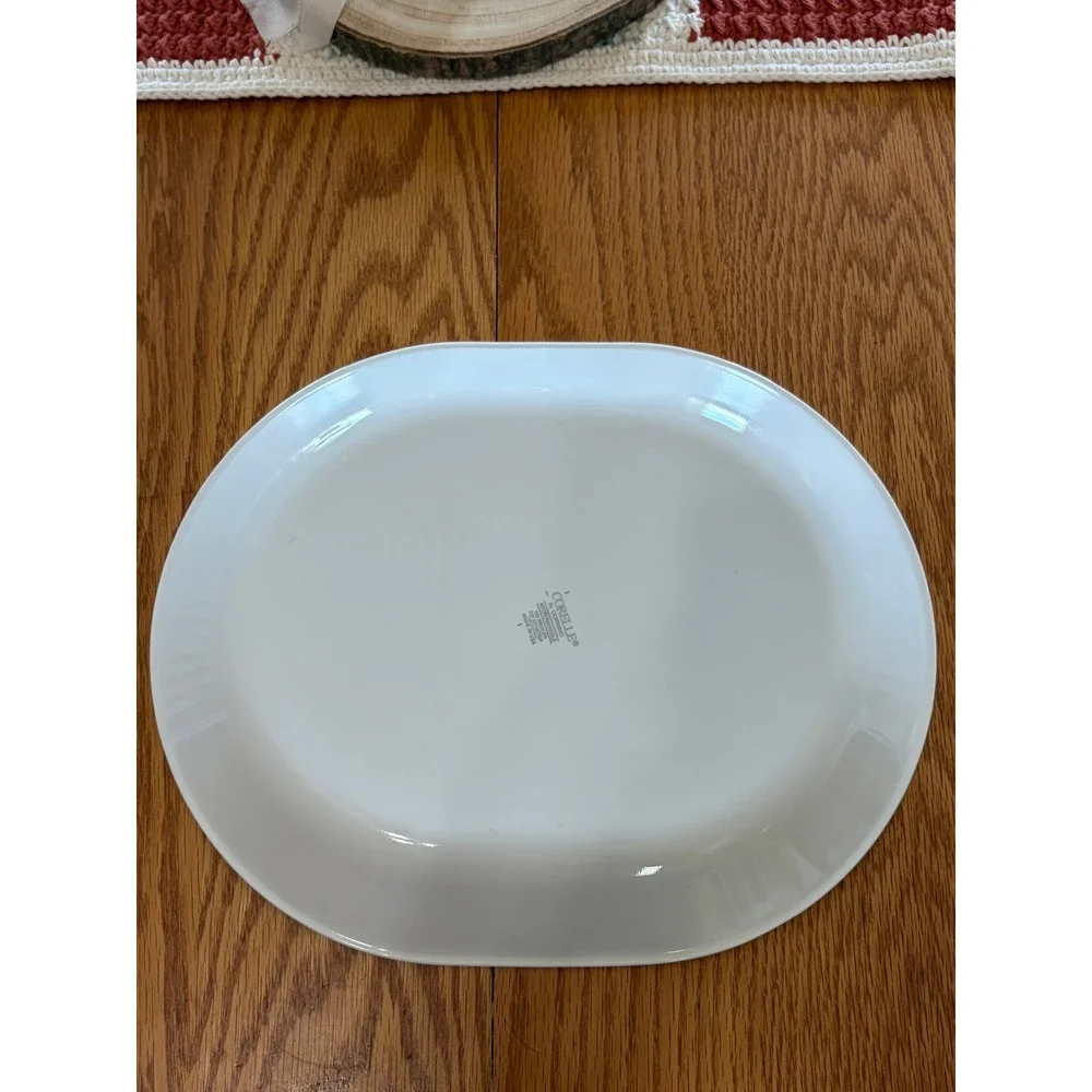 Corelle Folk Stitch Oval Serving Platter Blue Hearts White Vitrelle Glass 12in